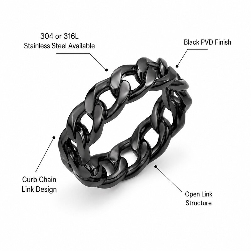 Unisex Black Chain Link Ring - specifications view