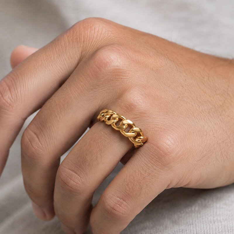 Unisex Gold Cuban Link Ring - on hand view