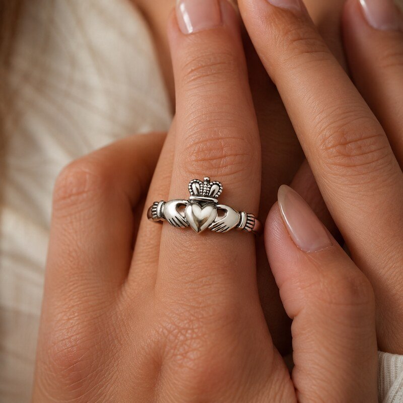 Women's Silver Claddagh Ring - on hand view