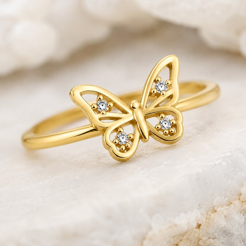 Women's Gold CZ Butterfly Ring - detail view