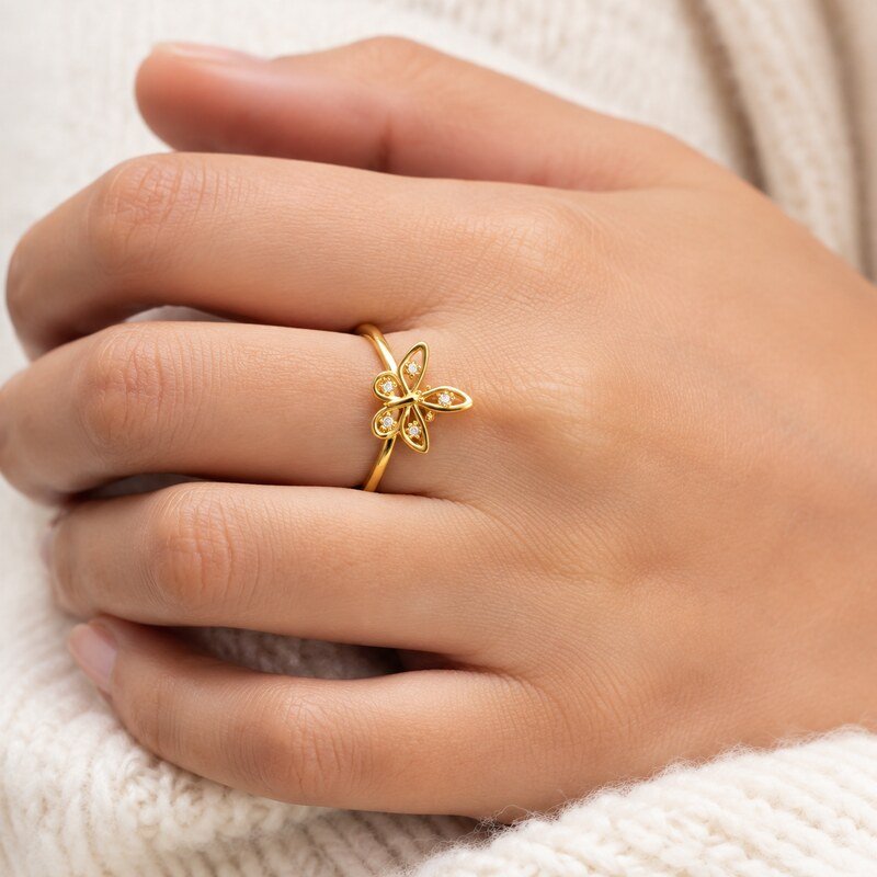 Women's Gold CZ Butterfly Ring - on hand view