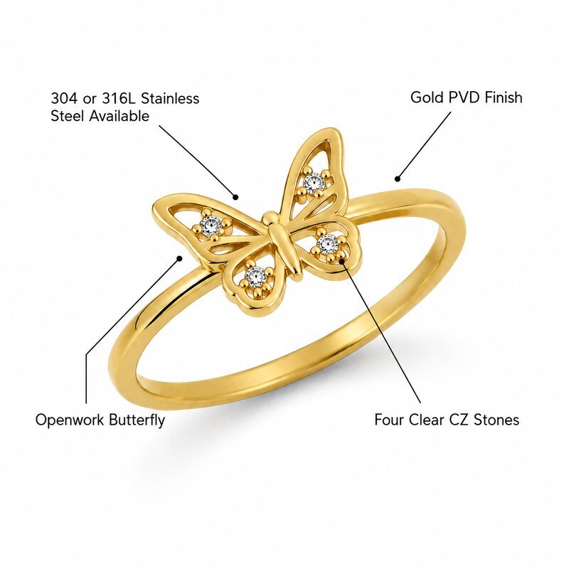 Women's Gold CZ Butterfly Ring - specifications view