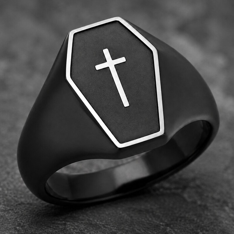 Unisex Black Gothic Coffin Signet Ring - detail view