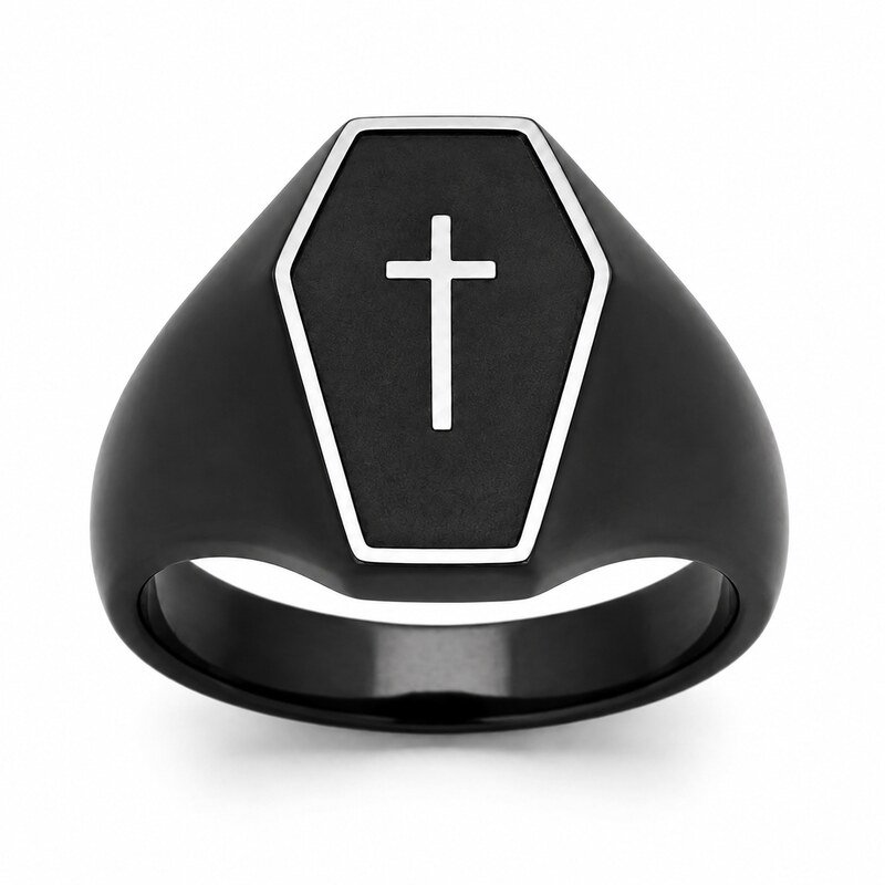 Unisex Black Gothic Coffin Signet Ring - front view view