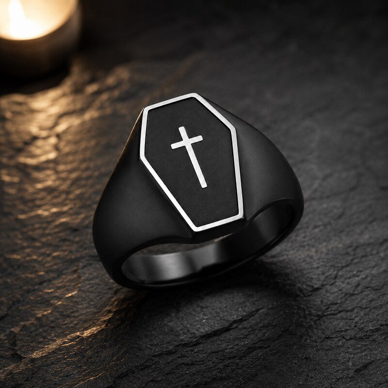 Unisex Black Gothic Coffin Signet Ring - lifestyle view