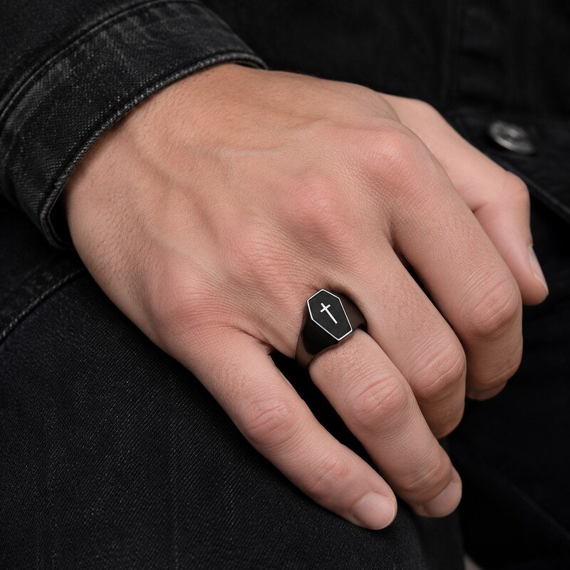 Unisex Black Gothic Coffin Signet Ring - on hand view