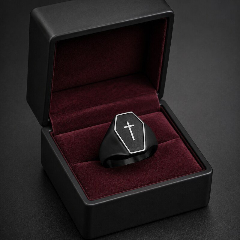 Unisex Black Gothic Coffin Signet Ring - packaging view