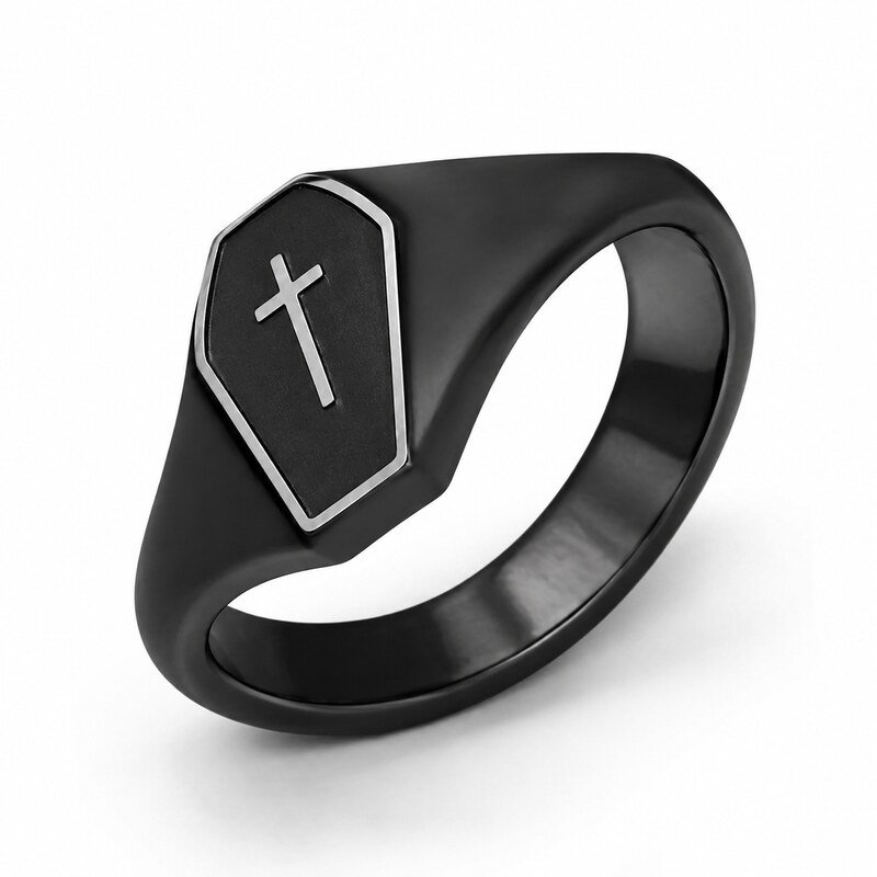 Unisex Black Gothic Coffin Signet Ring - side view view