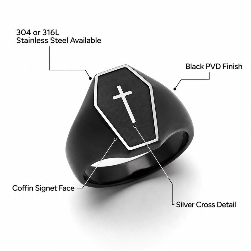 Unisex Black Gothic Coffin Signet Ring - specifications view