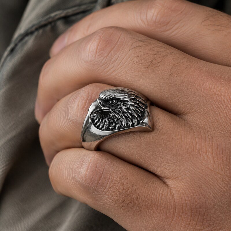 Men's Silver Eagle Signet Ring - on hand view