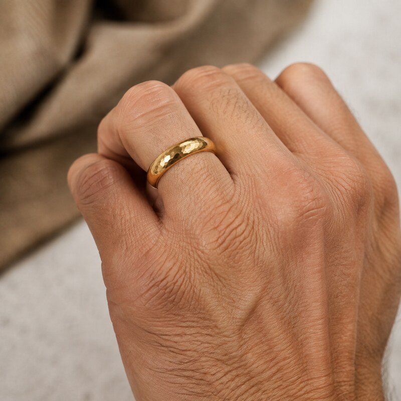 Unisex Gold Hammered Wedding Band - on hand view