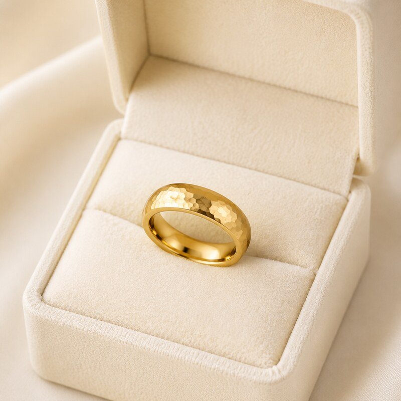 Unisex Gold Hammered Wedding Band - packaging view