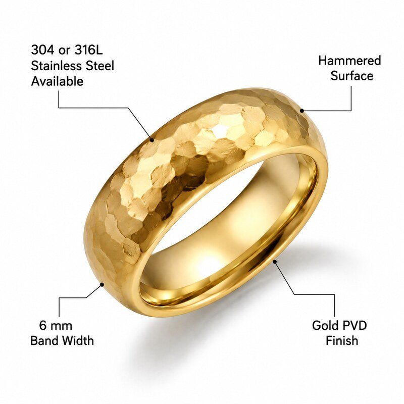 Unisex Gold Hammered Wedding Band - specifications view