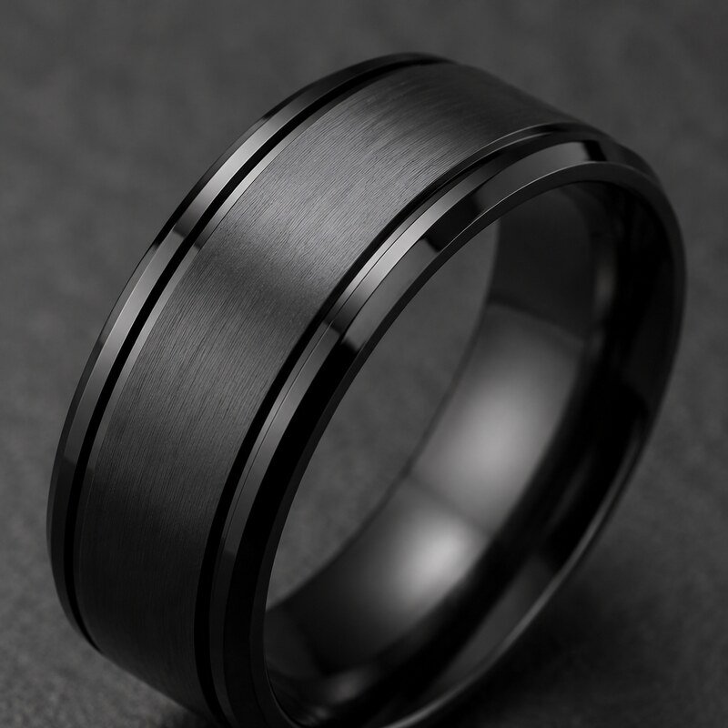 Men's Black Grooved Wedding Band - detail view