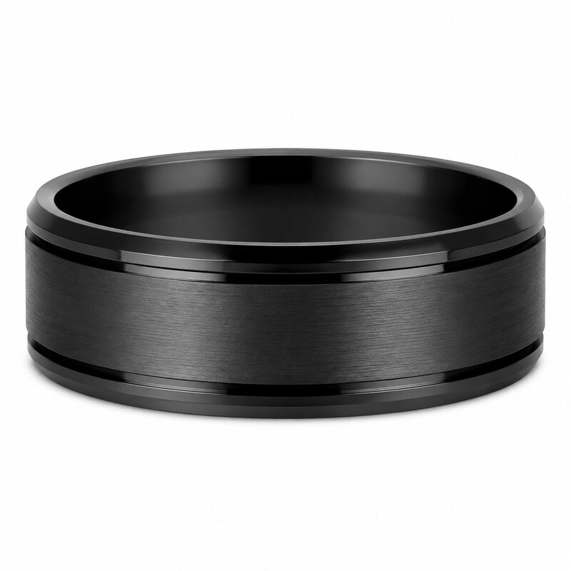 Men's Black Grooved Wedding Band - front view view