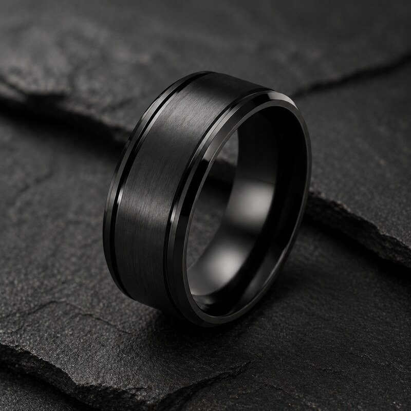 Men's Black Grooved Wedding Band - lifestyle view
