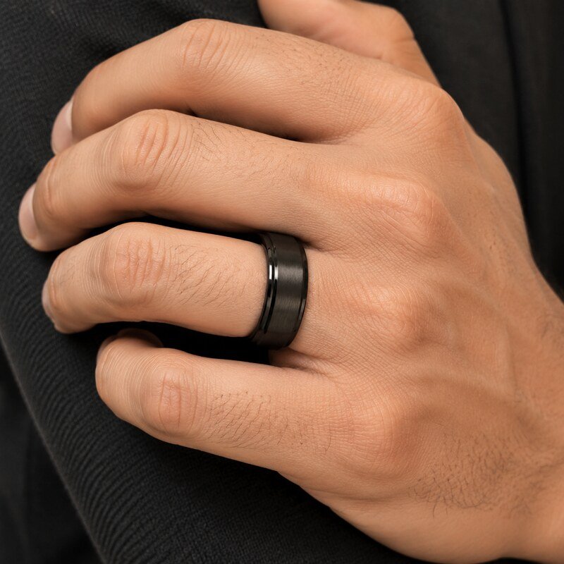 Men's Black Grooved Wedding Band - on hand view