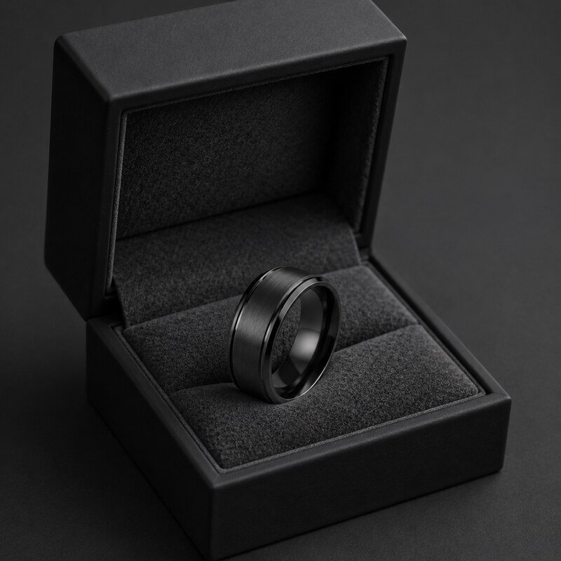 Men's Black Grooved Wedding Band - packaging view