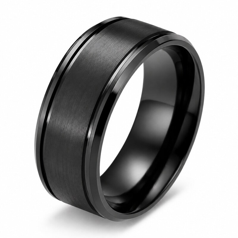 Men's Black Grooved Wedding Band - side view view