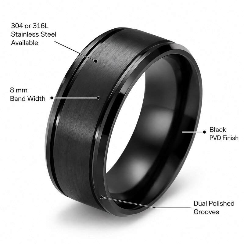 Men's Black Grooved Wedding Band - specifications view