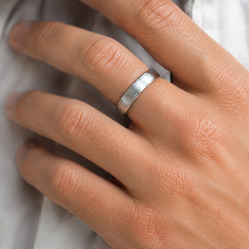 Unisex Silver Brushed Dome Band - on hand view