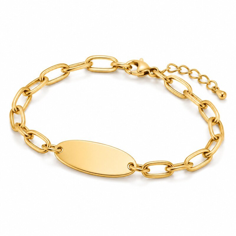 Women's gold stainless steel oval link bracelet shown at a 45 degree angle