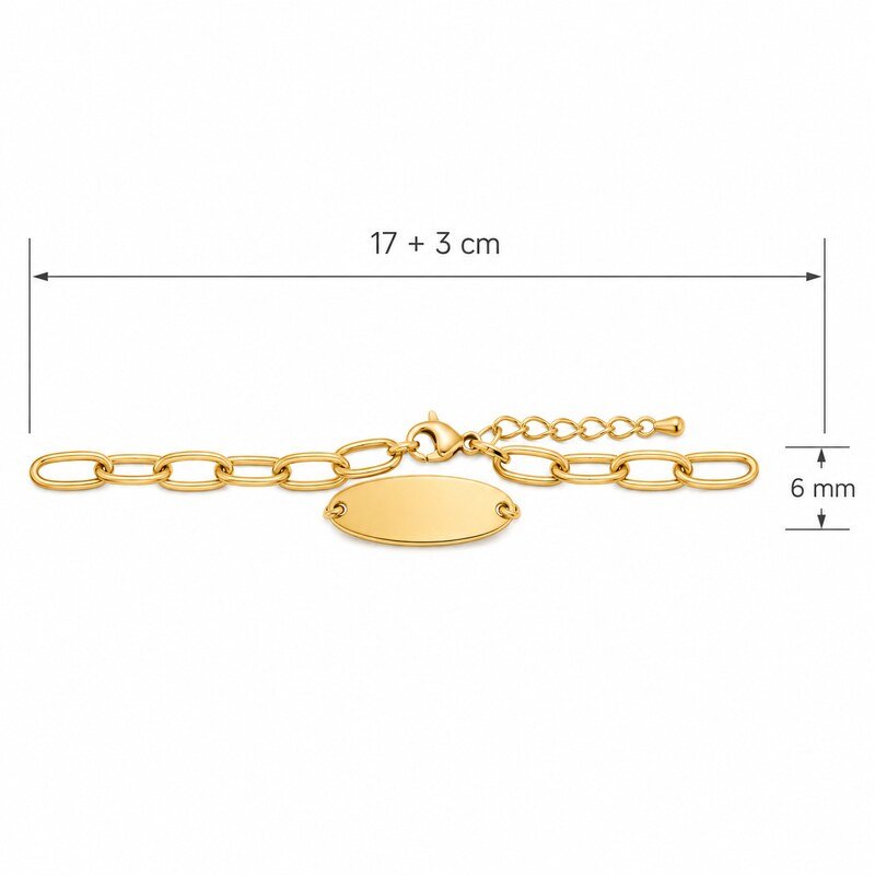 Gold stainless steel bracelet size guide showing 17 plus 3 cm length and 6 mm width