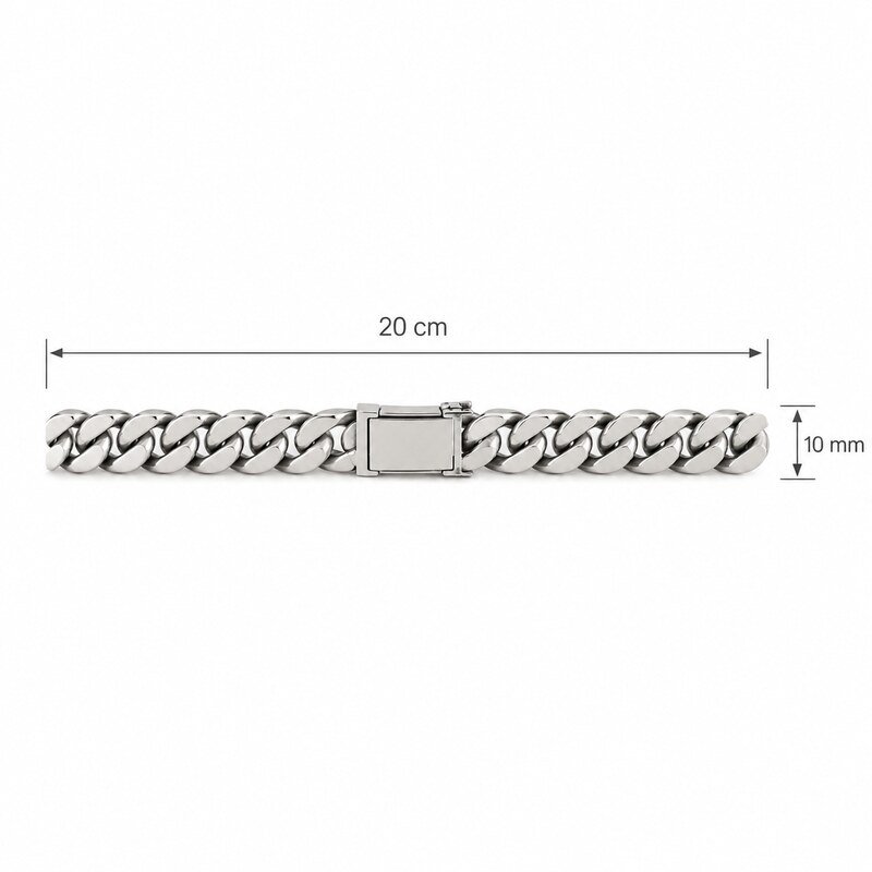 Stainless steel Cuban bracelet size guide showing 20 cm length and 10 mm width