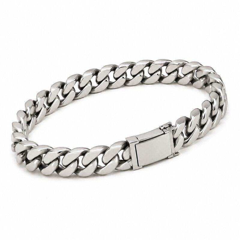 Polished stainless steel Cuban link bracelet shown at a 45 degree angle