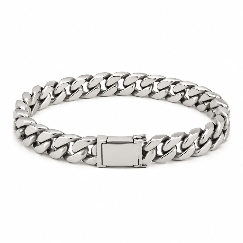 Polished 316L stainless steel Cuban link bracelet with secure box clasp