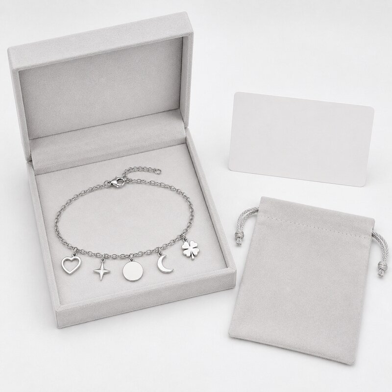 Custom stainless steel charm bracelet with blank OEM jewelry packaging