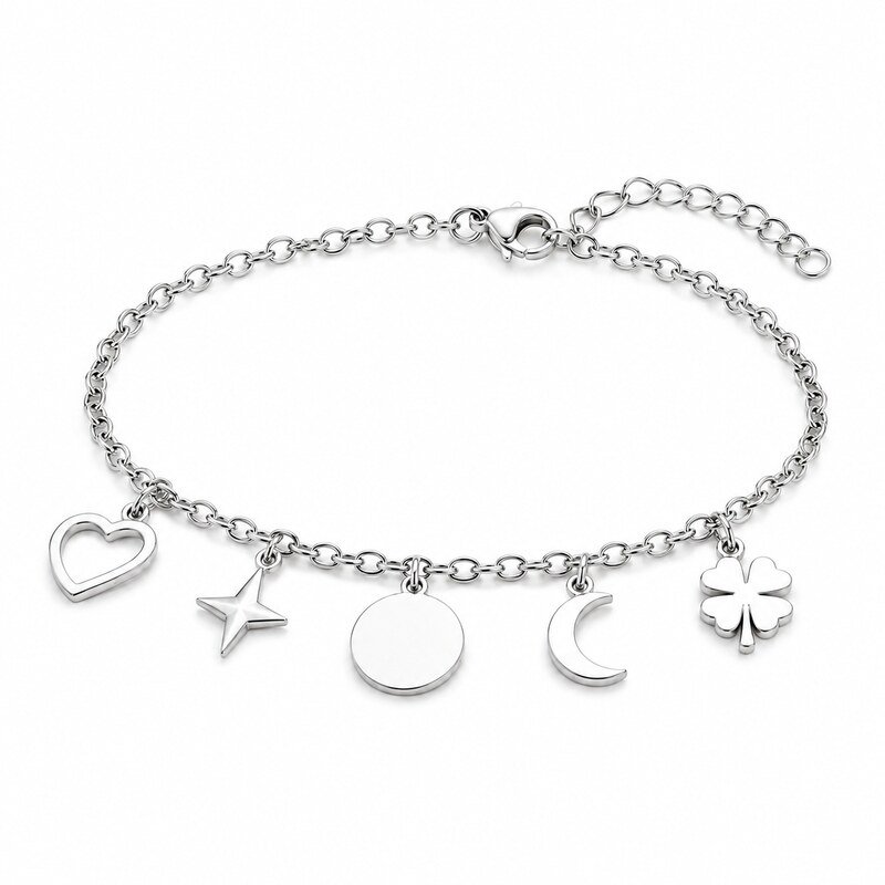 Silver stainless steel charm bracelet shown at a 45 degree angle