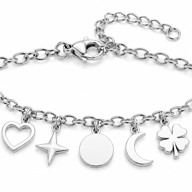 Close-up of stainless steel bracelet heart star disc moon clover charms and clasp