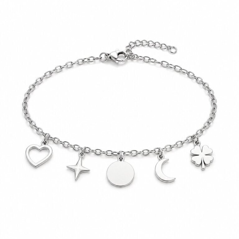 Women's polished 316L stainless steel charm bracelet with five symbolic charms