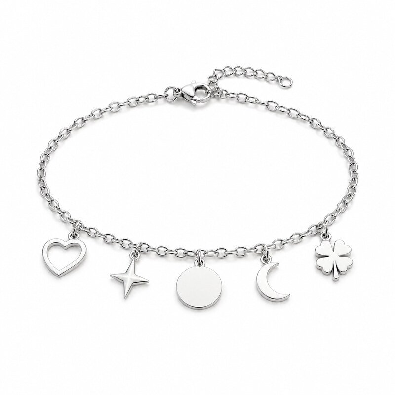 Women's polished 316L stainless steel charm bracelet with five symbolic charms