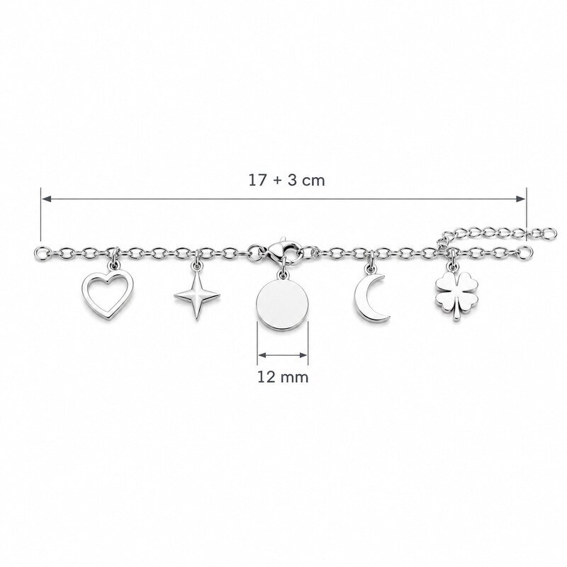 Stainless steel charm bracelet size guide showing 17 plus 3 cm and 12 mm disc