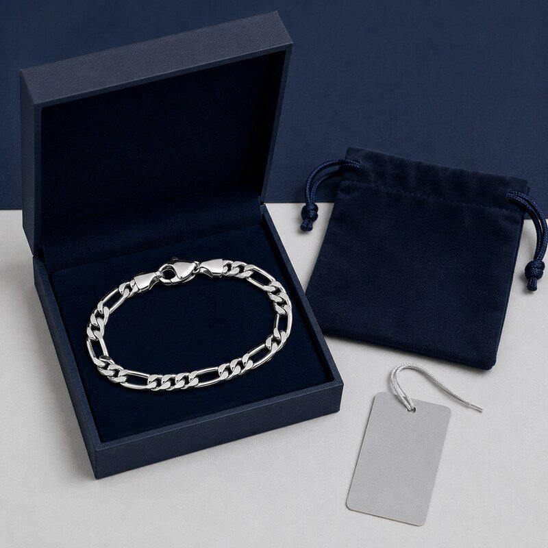 Custom men's stainless steel Figaro chain bracelet with blank OEM packaging
