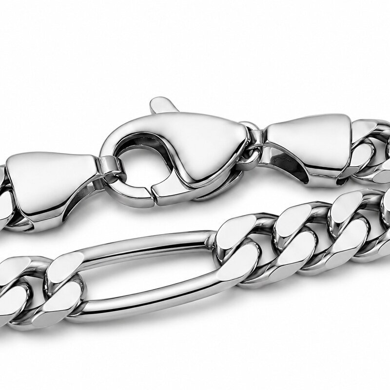 Close-up of stainless steel Figaro bracelet lobster clasp and link pattern
