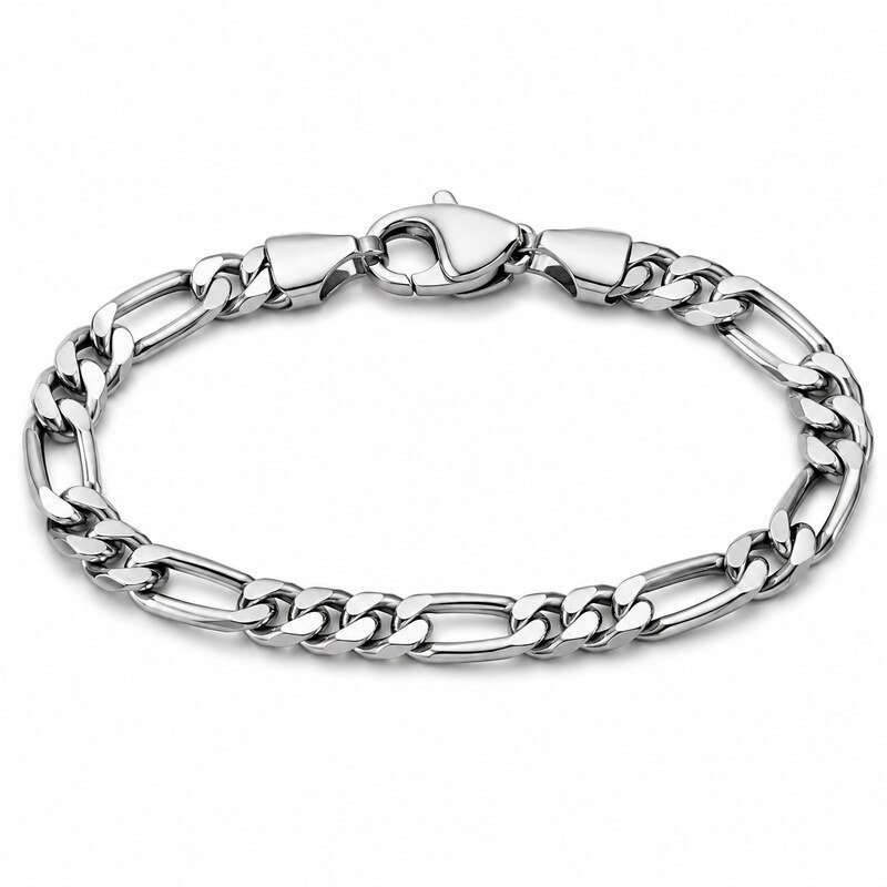 Men's polished 316L stainless steel Figaro chain bracelet with lobster clasp
