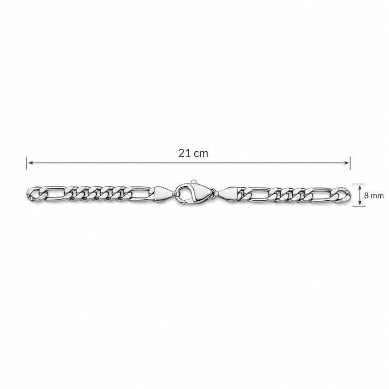 Stainless steel Figaro bracelet size guide showing 21 cm length and 8 mm width