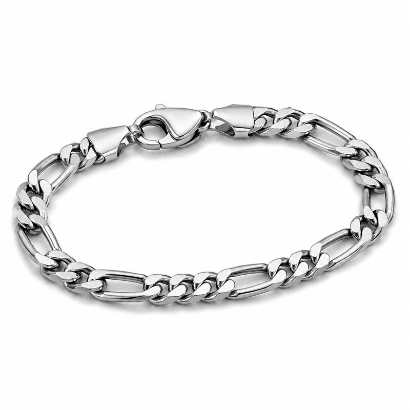 Stainless steel Figaro chain bracelet shown at a 45 degree angle