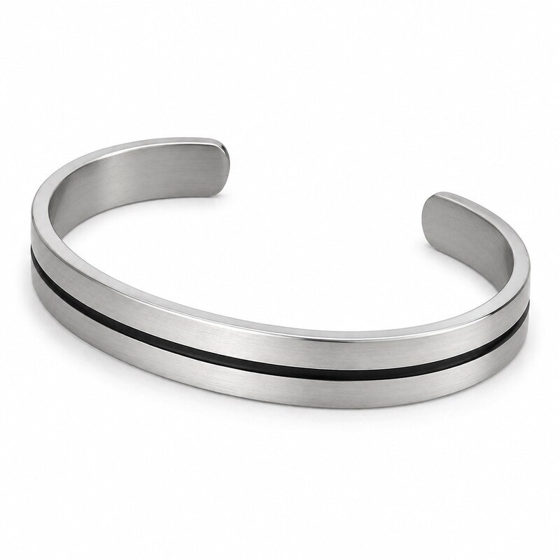Open stainless steel cuff bracelet shown at a 45 degree angle