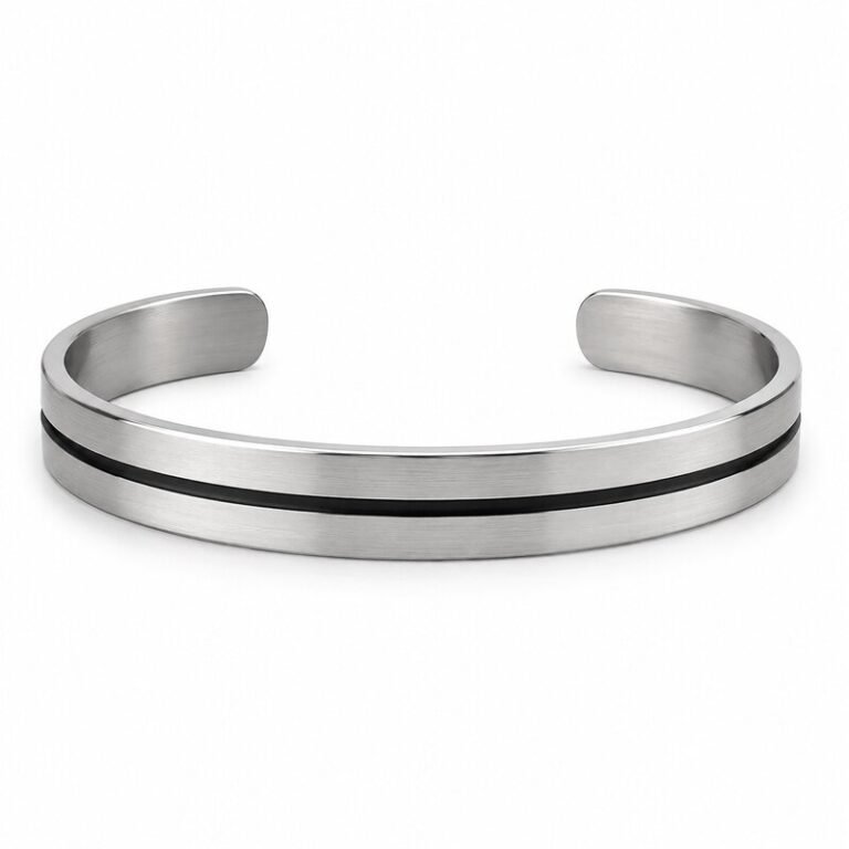 Brushed 316L stainless steel cuff bracelet with black enamel center groove
