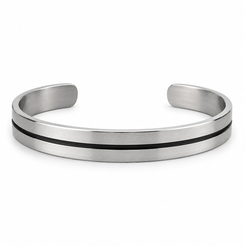 Brushed 316L stainless steel cuff bracelet with black enamel center groove