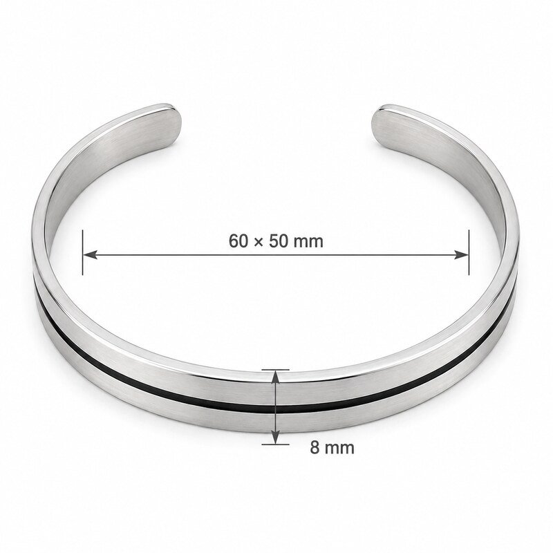 Stainless steel cuff bracelet size guide showing 60 by 50 mm inner size and 8 mm width