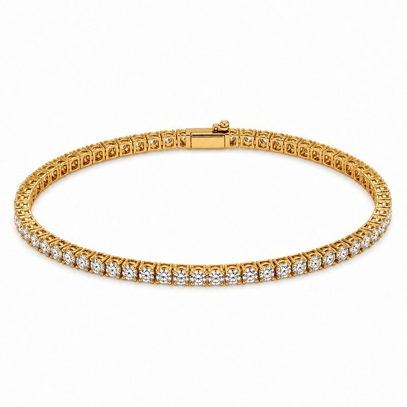 Gold stainless steel CZ tennis bracelet shown at a 45 degree angle