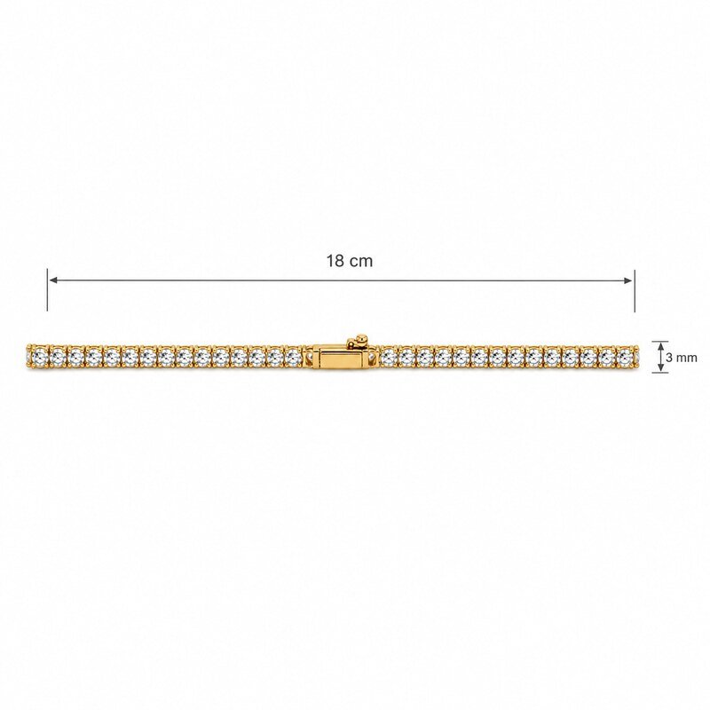 Gold stainless steel tennis bracelet size guide showing 18 cm length and 3 mm stones