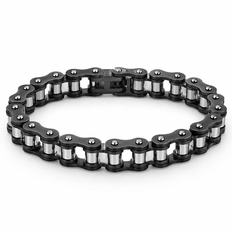 Black and silver stainless steel motorcycle chain bracelet front view