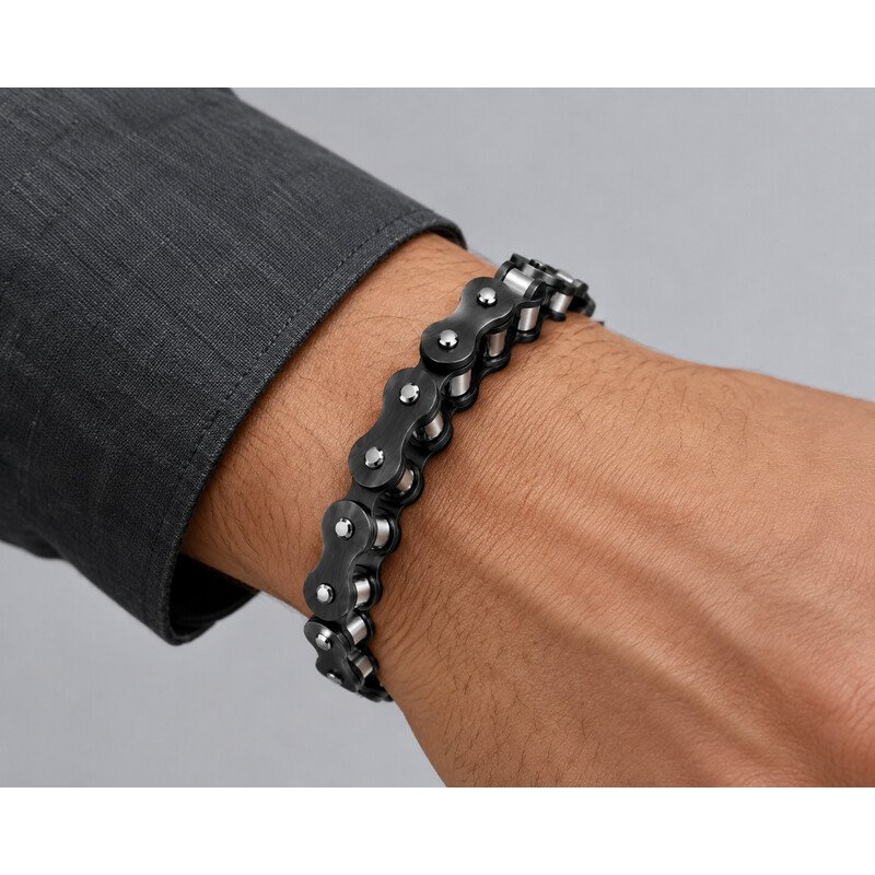 Men's black stainless steel motorcycle chain bracelet worn on wrist