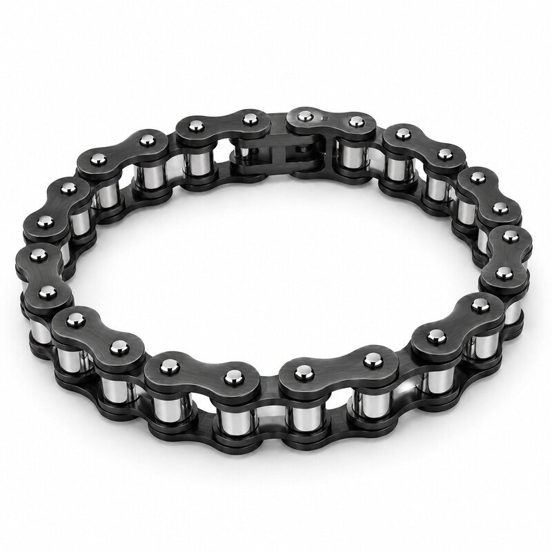Men's motorcycle chain bracelet in black stainless steel 45 degree view